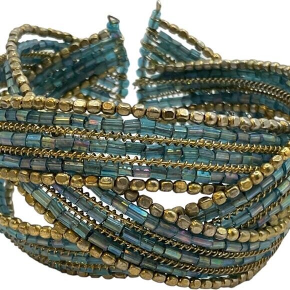 Beaded Cuff Bracelet 6.5" With Blue & Gold Sea Beads - Picture 4 of 7